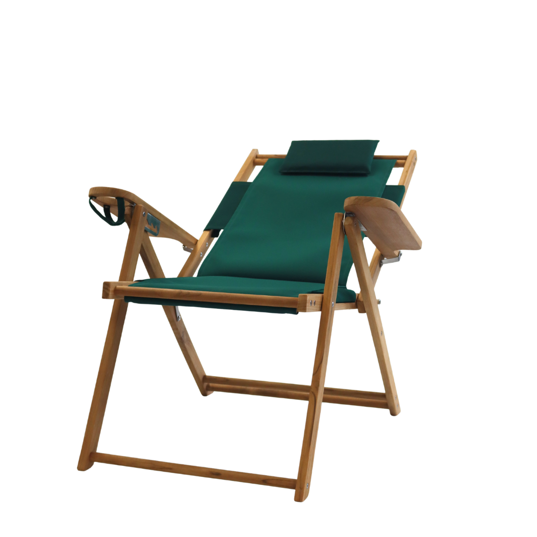 Green lounge chair with wooden frame reclined