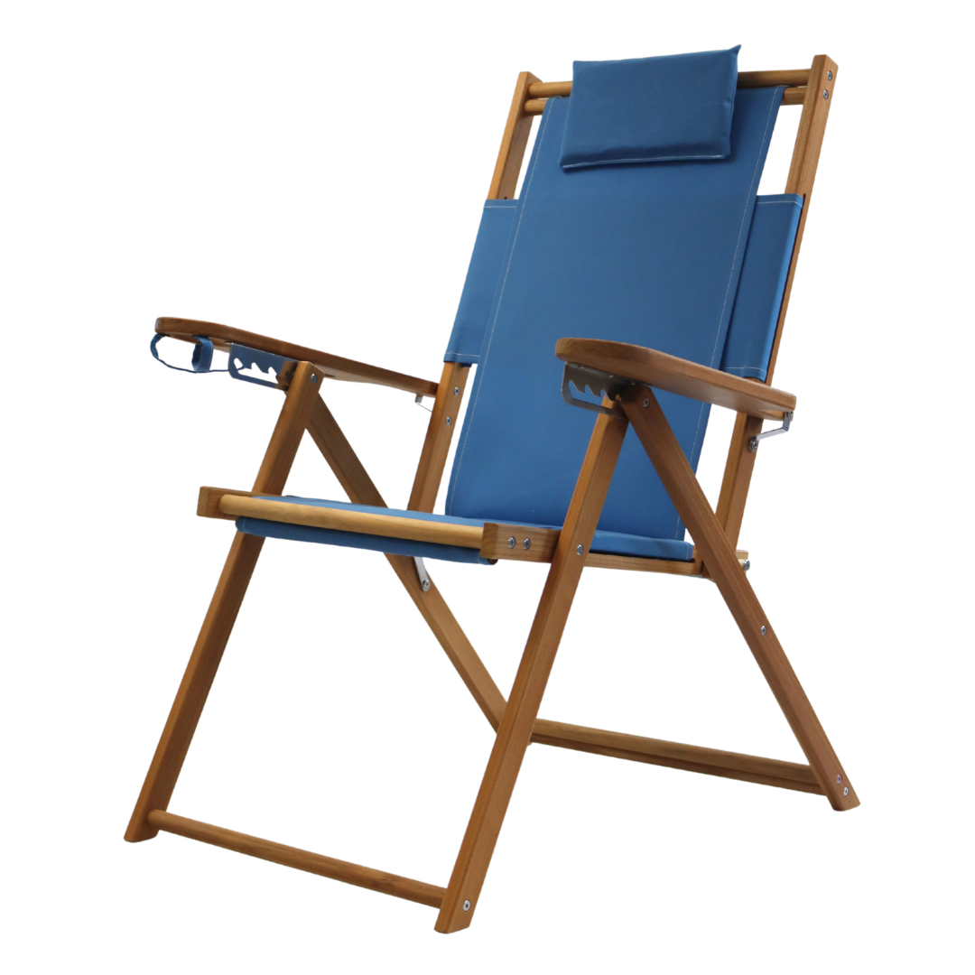 Foldable beach chair with blue seat and wooden frame