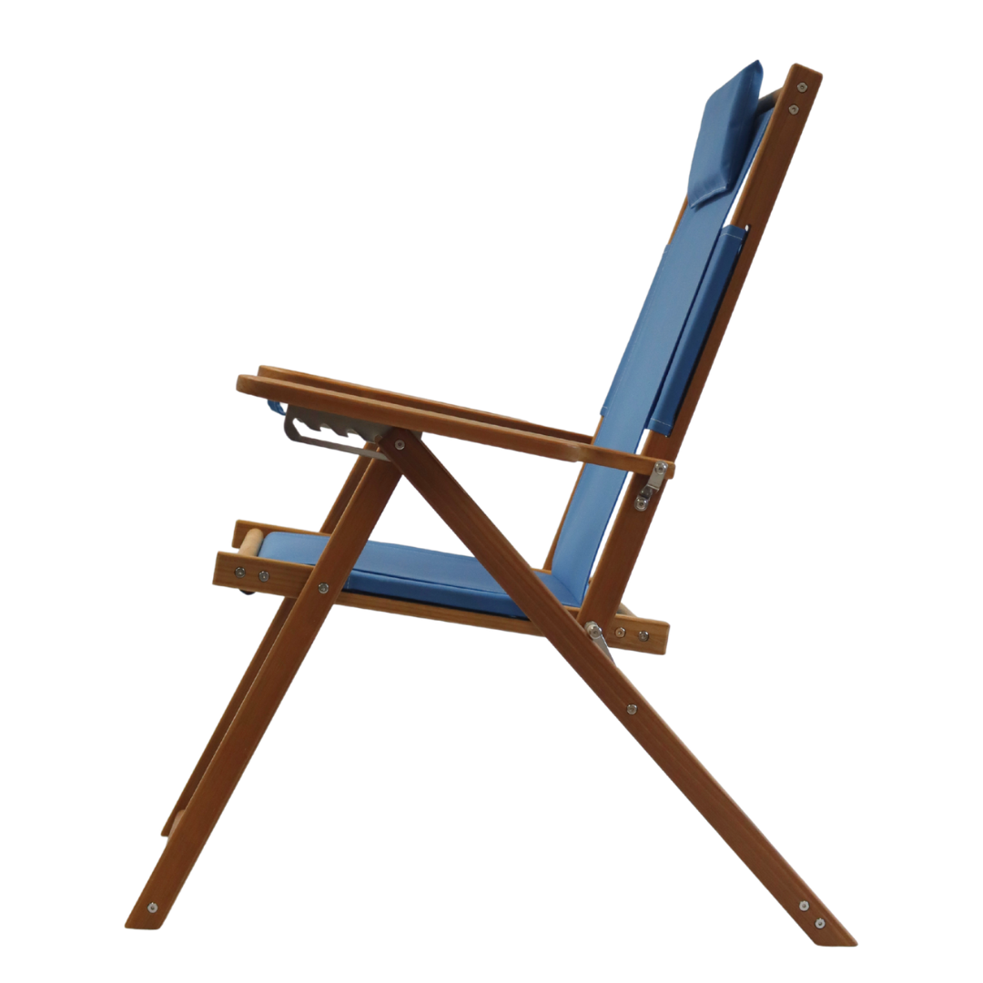 Folding chair with blue cushion on a white background