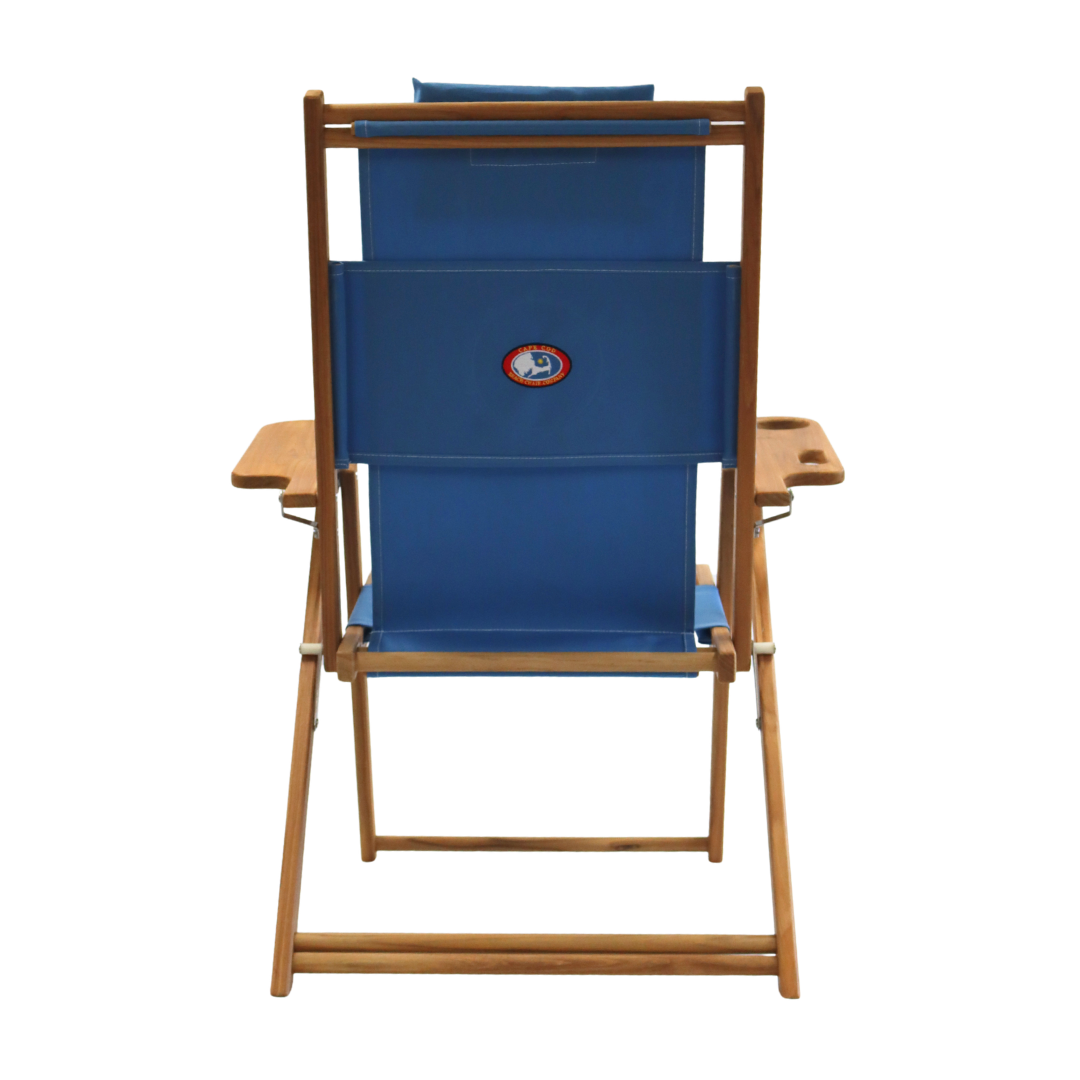 Blue deck chair with wooden frame on a white background