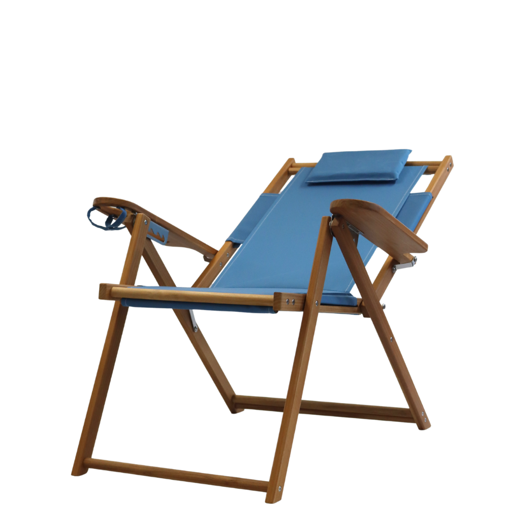 Blue lounge chair with wooden frame on a white background