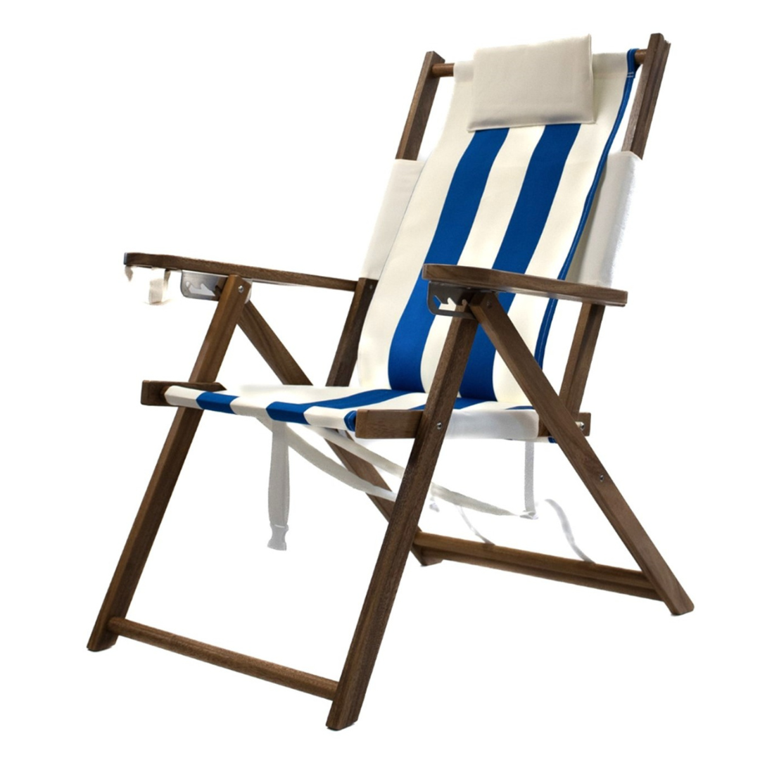 Tall Blue and White Striped Wooden Backpack Beach Chair