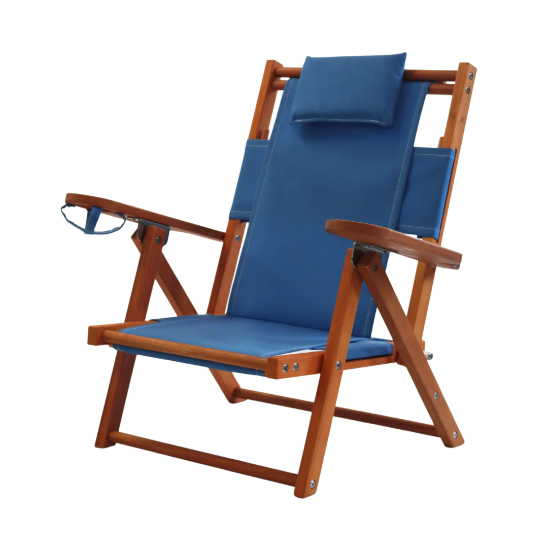 Kid's wooden beach chair with light blue canvas seat 