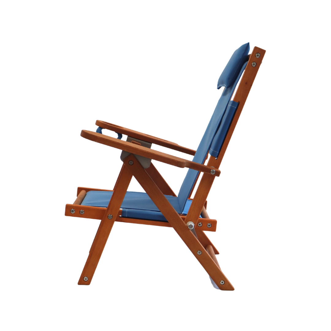 Wooden folding kid's chair with blue cushion on a white background