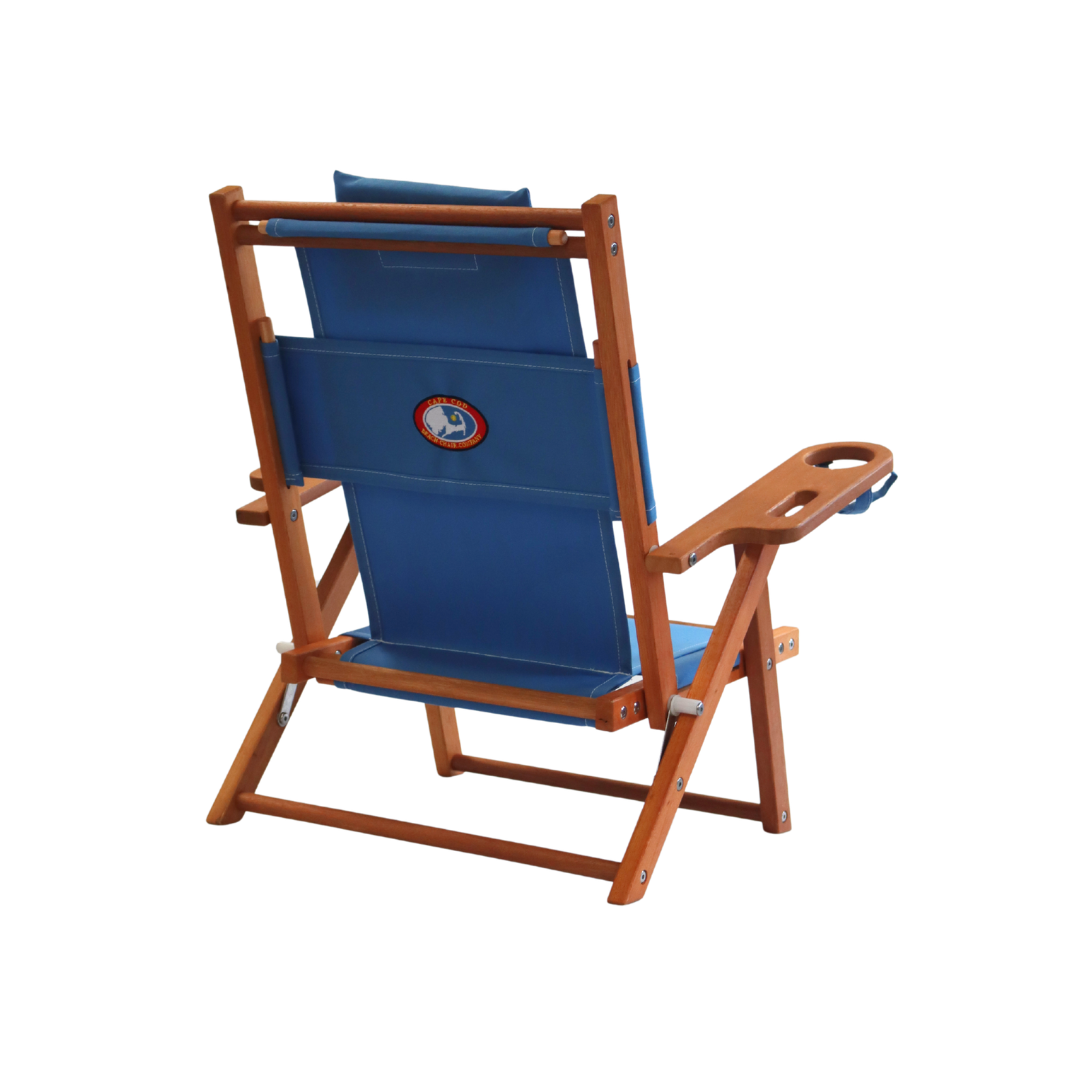 Light blue children's beach chair with wooden frame and cupholder