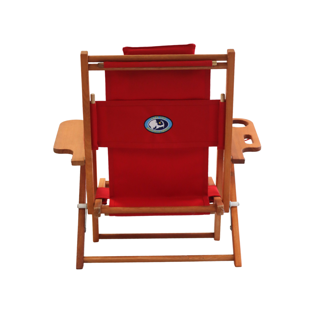 Kid's red folding beach chair with wooden frame