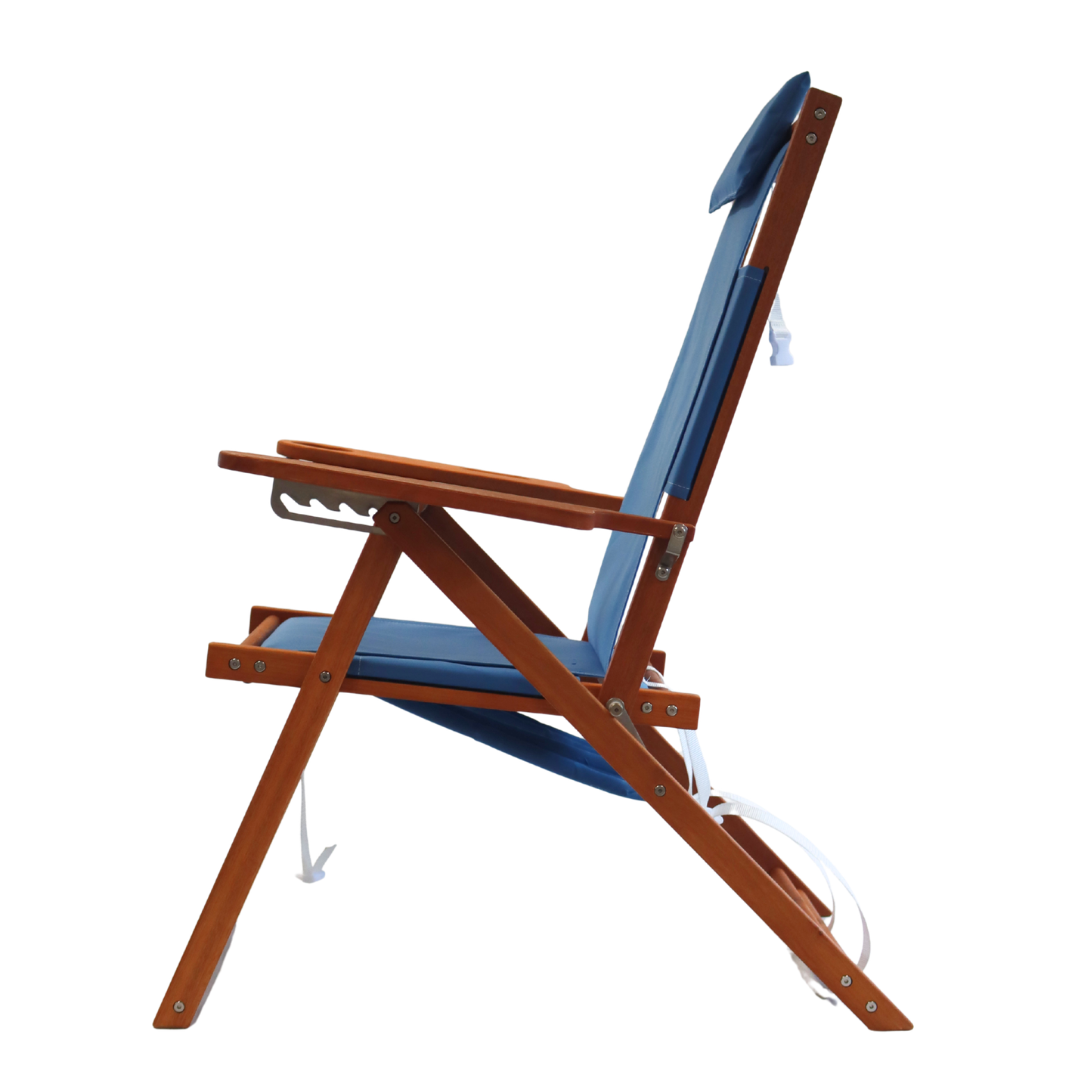 Blue folding backpack chair with wooden frame on a white background