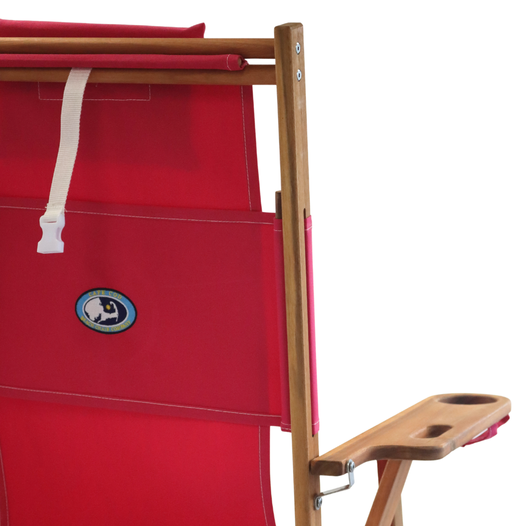 Pink wooden backpack beach chair with cupholder