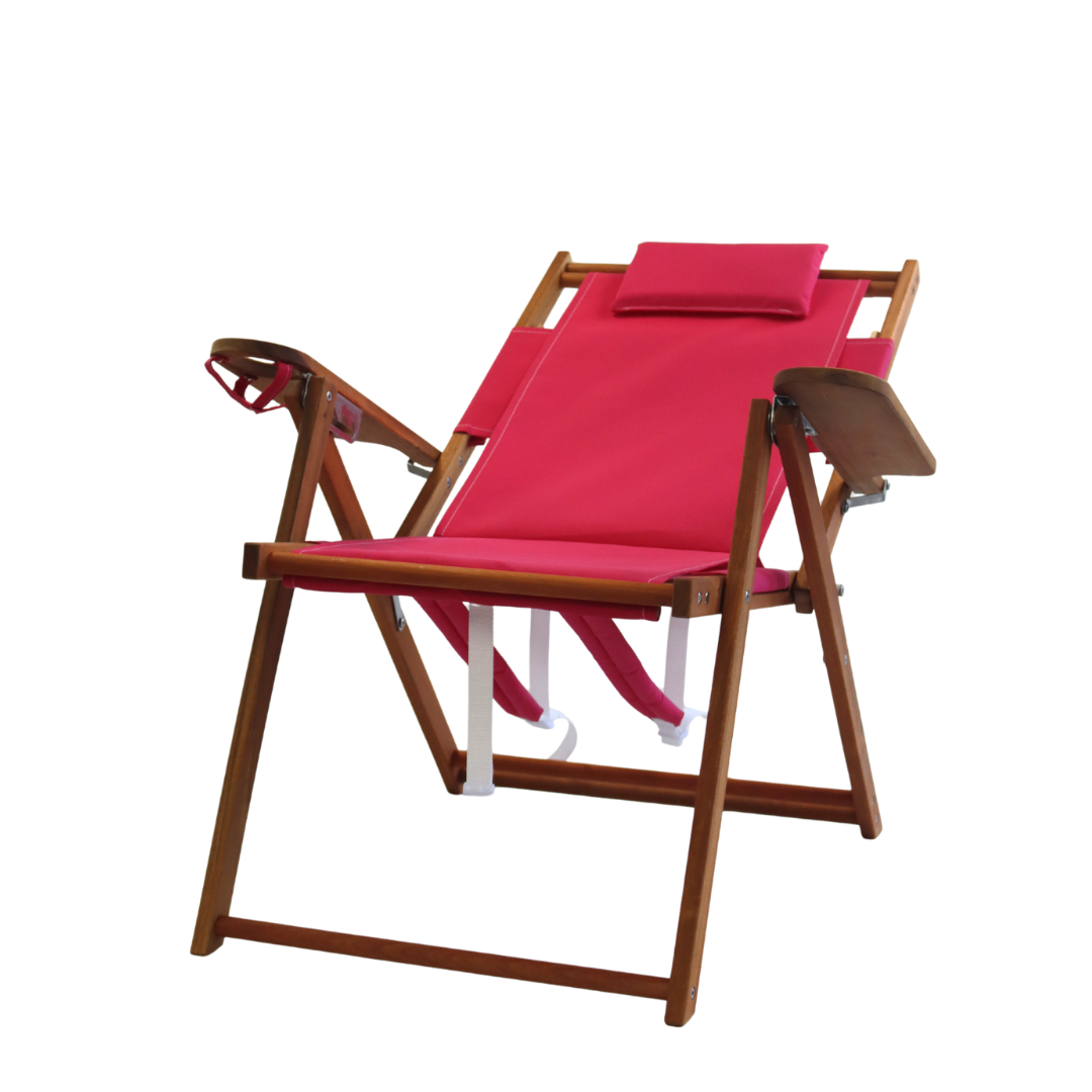 Reclining tall backpack beach chair with pink canvas seat