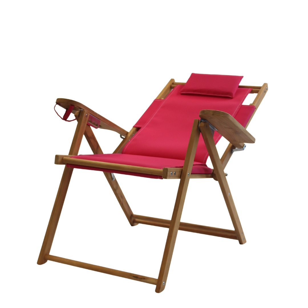 Pink beach chair with wooden frame reclining