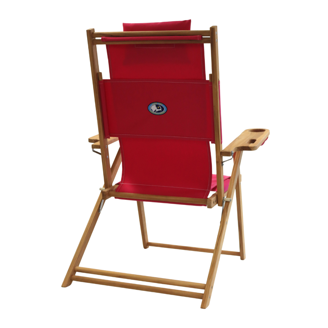 Pink folding beach chair with wooden frame with cupholder