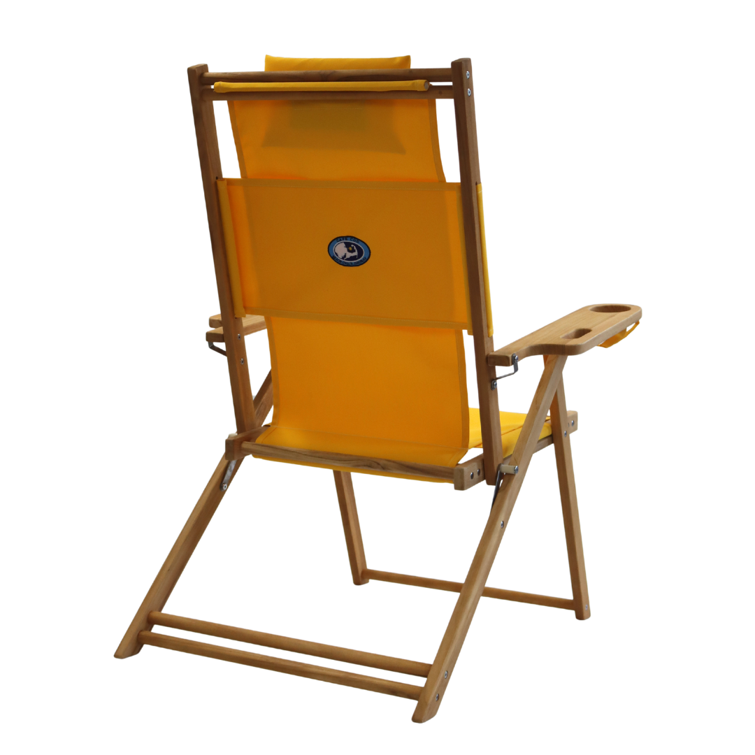 Tall wooden beach chair with yellow fabric seat and cupholder