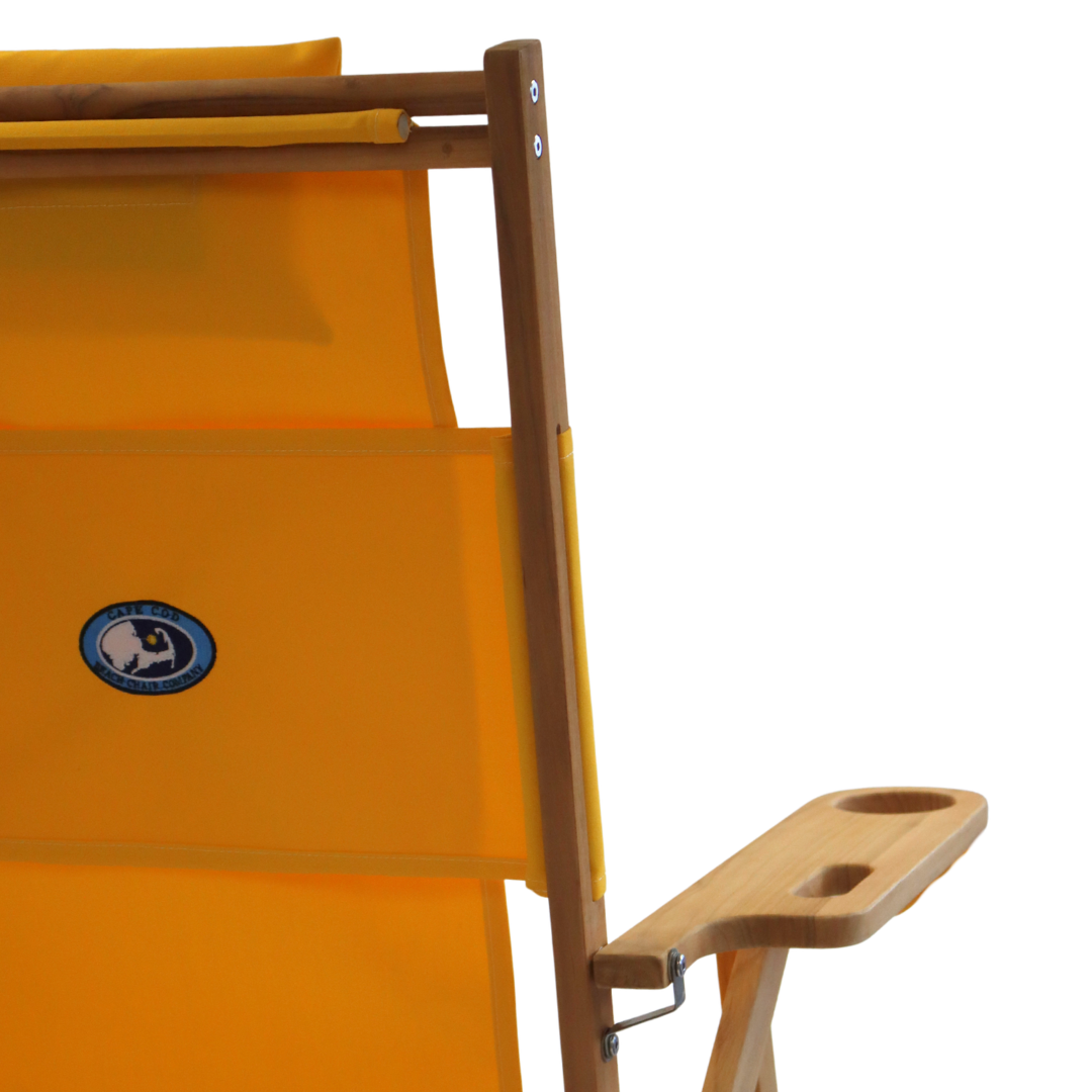 Yellow beach chair with embroidered logo and built in cupholder