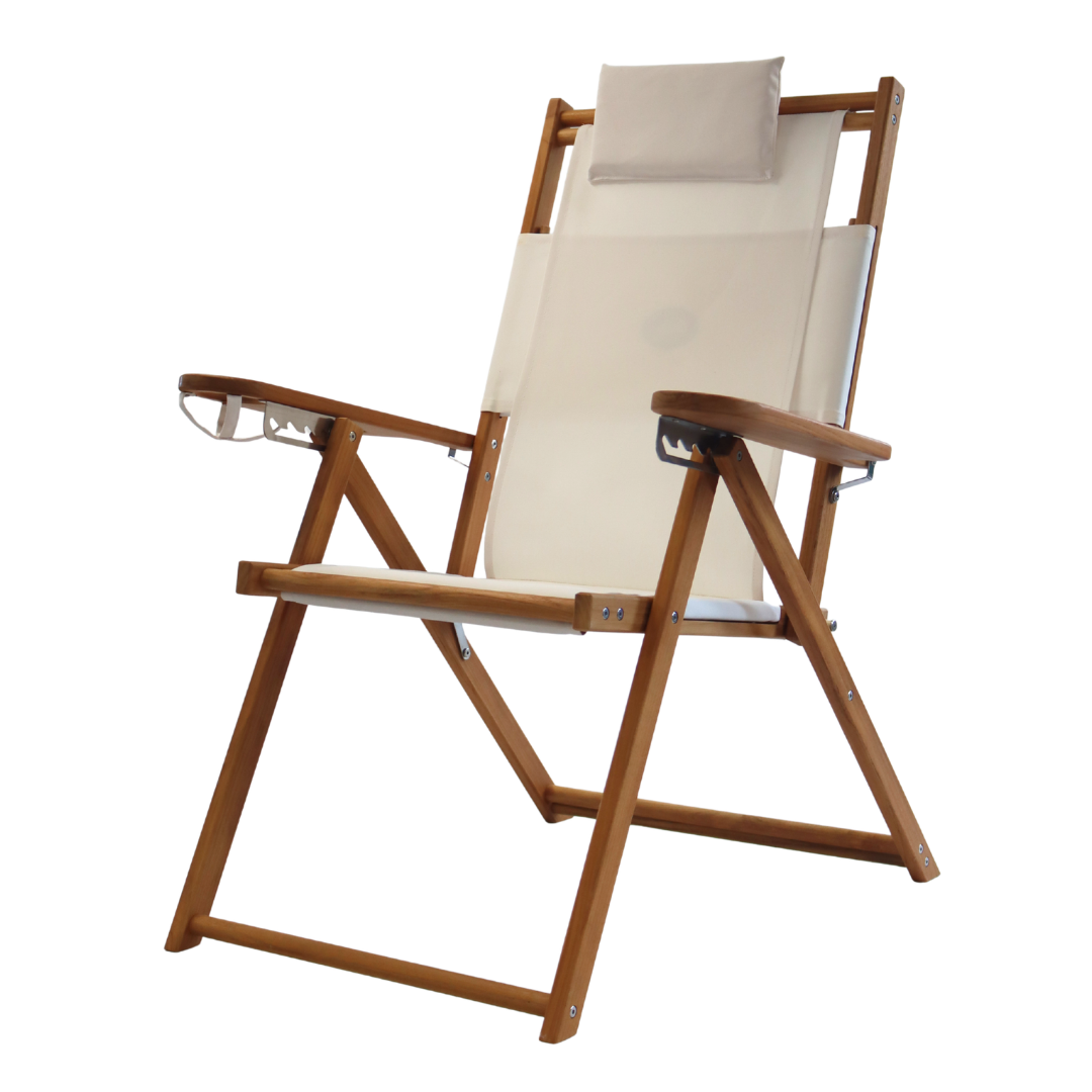 Tall white beach chair with teak frame