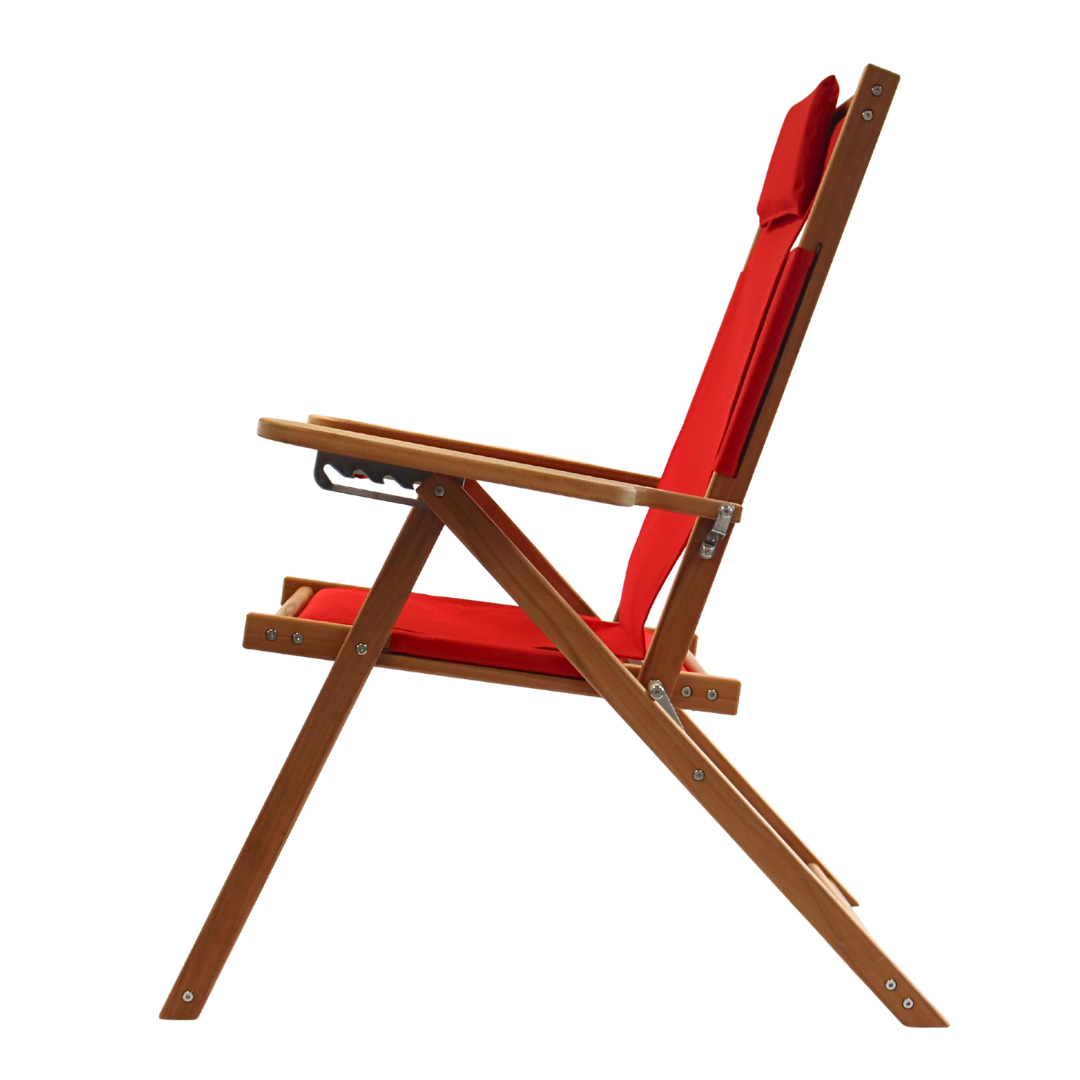 Wooden folding chair with red cushion