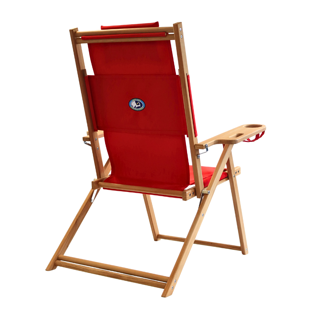 Red wooden folding beach chair with cupholder