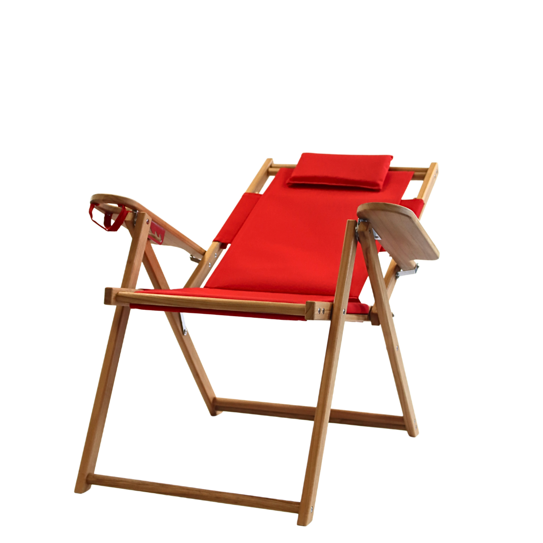 Tall red wooden beach chair reclining