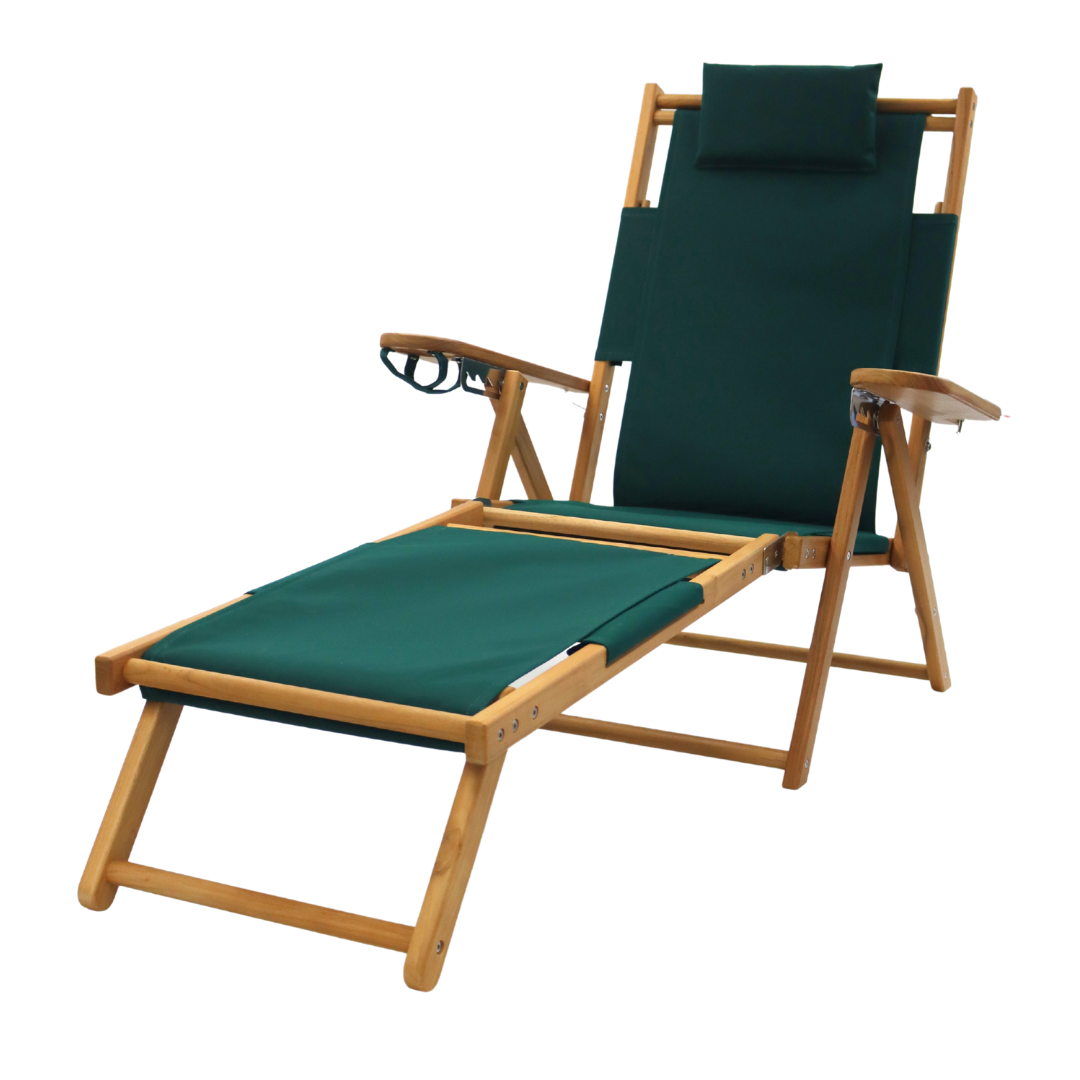 Green lounge chair with wooden frame and footrest