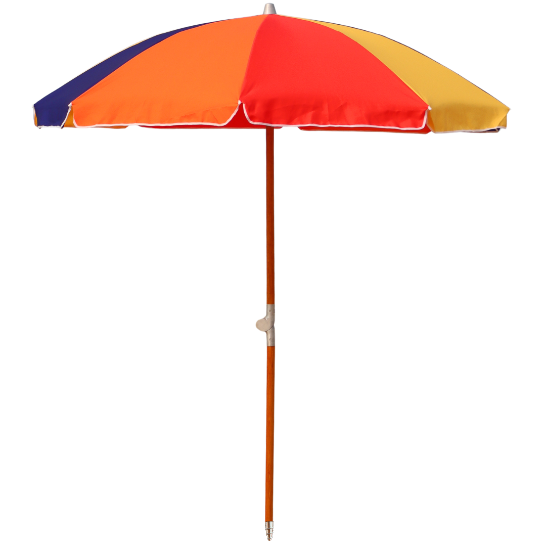 A stylish wood poled beach umbrella with alternating color panels in a rainbow pattern.