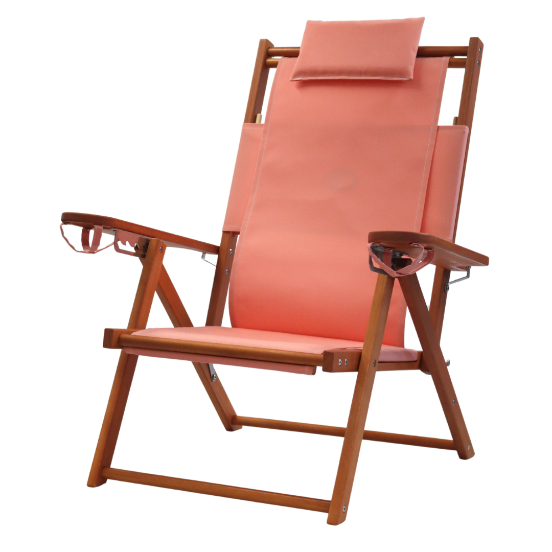 A beautiful high quality wood beach chair with a coral pink canvas seat.