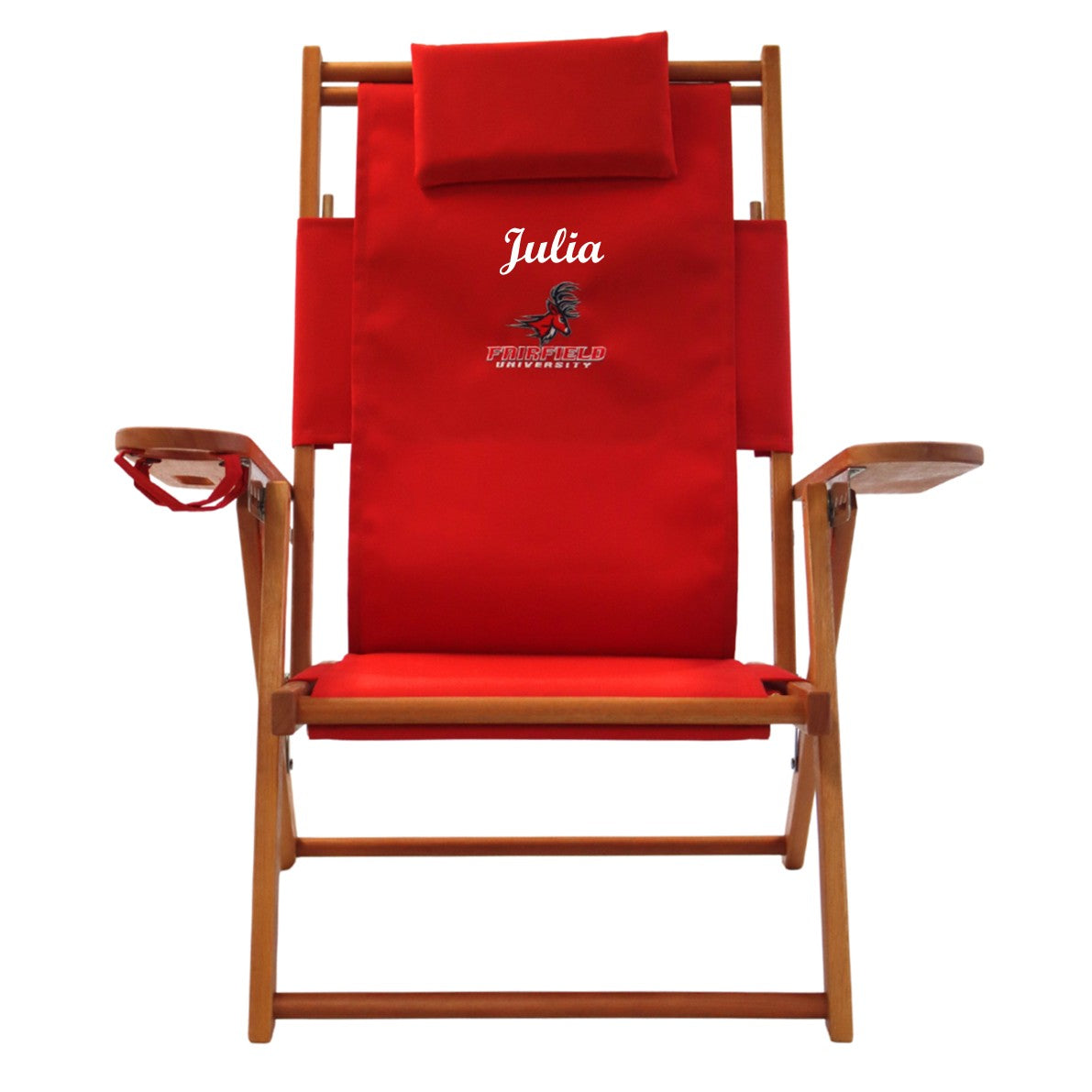 Fairfield University stag logo beach chair graduation gift personalized with custom embroidered name.