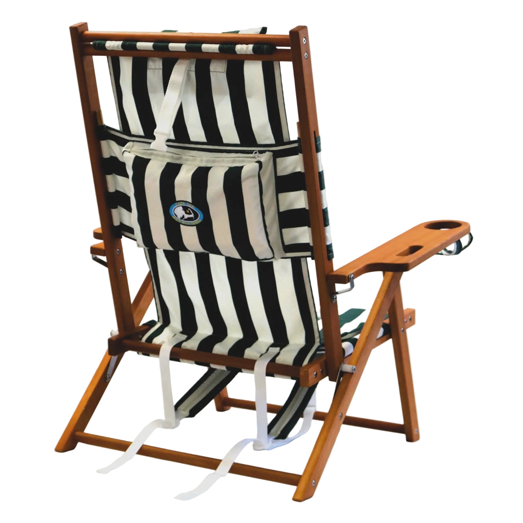 Wooden folding chair with green and white striped sling on a white background