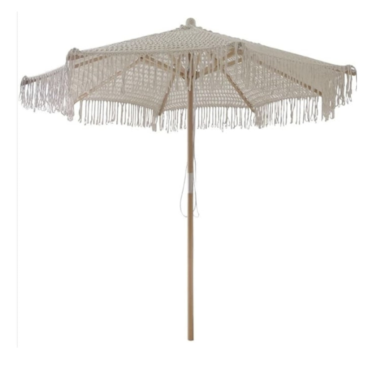 A boho style macrame umbrella with wood pole