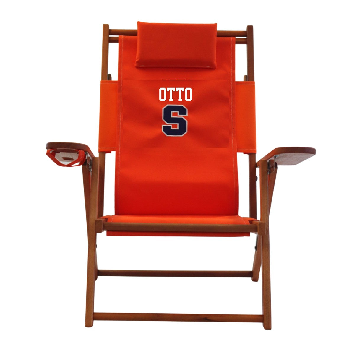 Syracuse University mascot Ott loves his personalized Syracuse logo beach chair, shown in orange.